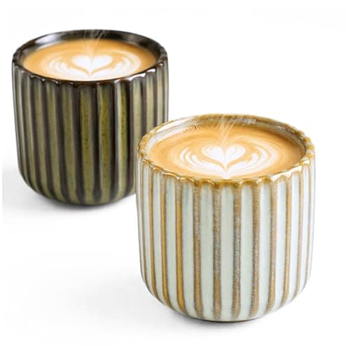 Image of Erkundpresso. Espresso Cup Set 2x180ml, Thick-Walled Handleless Ceramic Cups, Heat-Retaining Scald-Proof, BPA-Free Kiln-Glazed for Espresso/Cappuccino, Unique Vintage Design - Belly White + Bronze