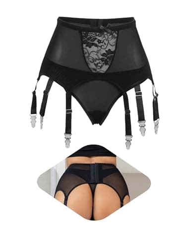 Image of ohmydear Plus Size Lace Suspenders Belt for Stockings High Waisted Garter Belt with 6 Wide Elastic Black Suspender Stretchy Mesh Sexy Lingerie Set for Women UK 18