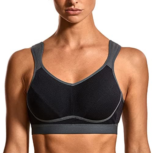 Image of SYROKAN Women's Comfort Sports Bra High Impact for Large Breasts Wireless Stretch Support Bounce Control Black/Grey-1 38B
