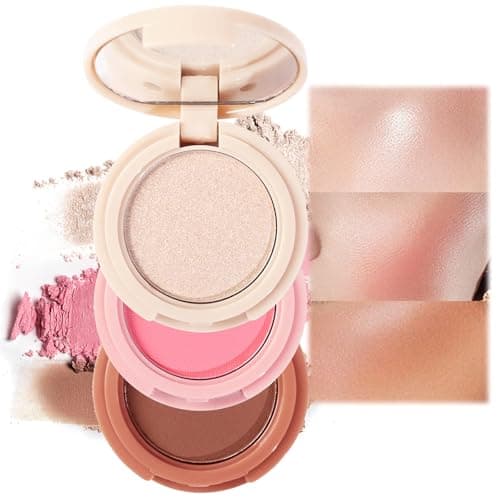 Image of 3 Color Face Blush Palette with Peach Blusher - Shimmering Powder Blush, Buildable Pressed Powder for Highlighter and Contour, Lightweight Natural Finish