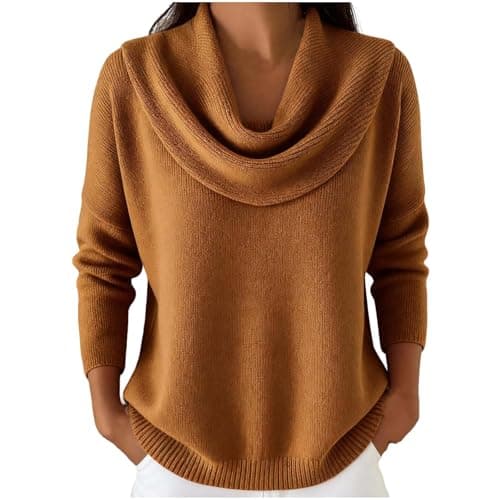 Image of Keepink Woman Jumper Long Sleeve Cowl Neck Blouse Baggy Casual Tunic Tops Plain Knit Sweater Winter Warm Woolen Blend Pullover Shirts Classic Elegant Work Weekend Layer