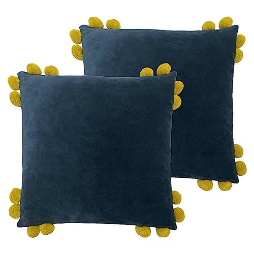 Image of Furn. Hoola Pom-Pom Polyester Filled Cushion - Twin Pack, Navy/Olive, 45 x 45cm