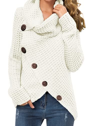 Image of GRECERELLE Women's Winter Jumpers Knit Warm Turtle Neck Wrap Asymmetric Hem Jumper Sweater Tops with Button for Ladies (White, XL)