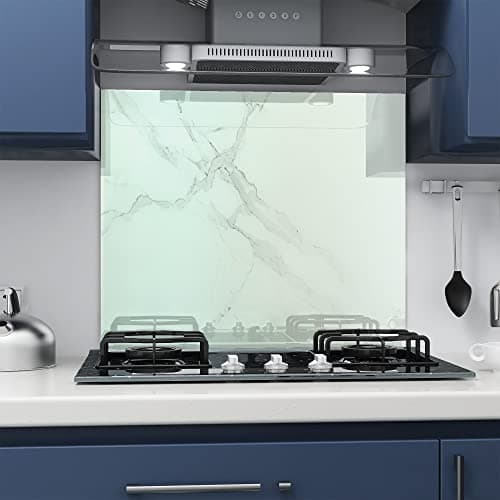 Image of BELOFAY 60x75cm White Marble Tempered Glass Splashback for Kitchen | 6mm Toughened Glass Heat Resistant Splashbacks for Cookers 600x750mm