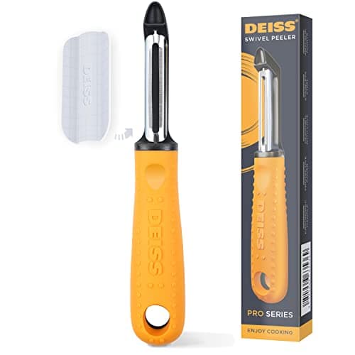 Image of Deiss PRO Swivel Vegetable Peeler - Sharp Stainless Steel Peeler with Easy Non-Slip Hand Grip, Potato Peelers for Kitchen, Fruit, Carrot, Apple, Veggie, Kiwi, Durable, and Dishwasher Safe (Orange)