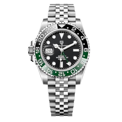 Image of PAGRNE DESIGN Men's Mechanical GMT Stainless Steel Waterproof Watch Sapphire Glass Stainless Steel Ceramic Watch for Men, Five beads black and green, Classic