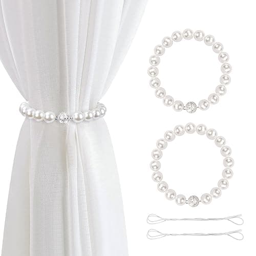 Image of AULEEP Magnetic Curtain TieBacks, 2 Pack Pearl Curtain Tie Backs, Modern Decorative Curtain Holdbacks Holder with Elastic Cord Drapes Clips Buckle for Thin or Thick Curtains((White)