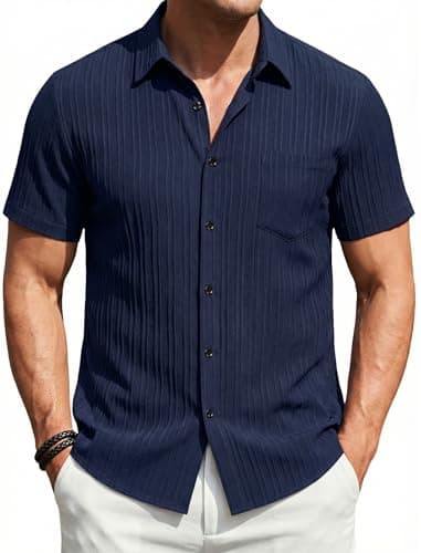 Image of Enlision Mens Short Sleeve Shirt Casual Lightweight Summer Button Down Shirts Textured Regular Fit Holiday Travel Beach Top with Pocket Navy Blue L