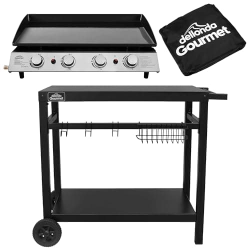 Image of Dellonda 4 Burner Portable Gas Plancha 10kW BBQ Griddle, Stainless Steel, Supplied with Water Resistant Cover & Trolley - DG251