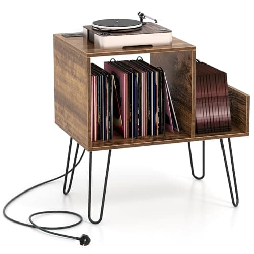 Image of CASART Record Player Stand, Turntable Stand with Charging Station, Removable Dividers & Metal Legs, Vinyl Record Storage Cabinet Holds up to 145 Albums End Table for Living Room Bedroom (Rustic Brown)