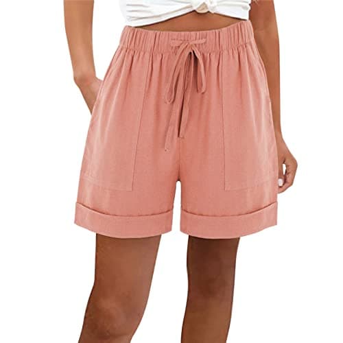 Image of RLEHJN Cotton Linen Shorts Women Clearance Solid Color Loose Pull On Shorts with Pockets Summer Lightweight Casual Pants Folded Hem Elasticated Waist Short Pants Beach Lounge Wear S-3XL Pink