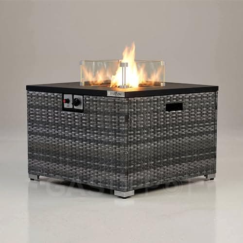 Image of REALGLOW Warmpact Rattan Table Gas Fire Pit in Grey - 13KW Square Propane Gas Fire Pit w/Removable Glass Wind Guard, Lava Rock & Lid Cover - Coffee Table w/Heater for Garden, Deck, Outdoor Bars