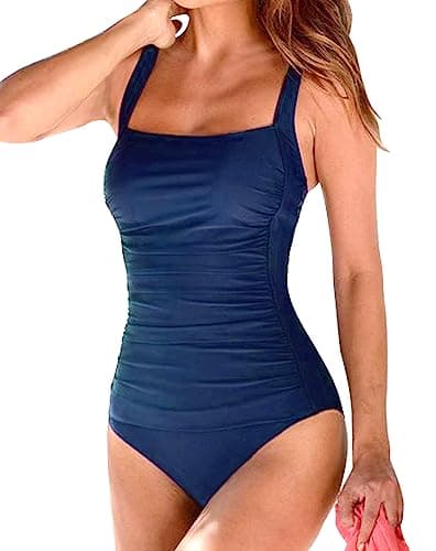 Image of Husmeu Swimming Costume Women's Vintage Padded Push up One Piece Swimsuits Tummy Control Bathing Suits Swimwear Navy Blue M