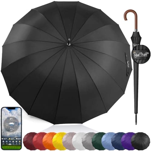 Image of Royal Walk Windproof Umbrella Black Large 54 Inch Automatic Open for 2 Persons Stormproof for Men Women Classic Wooden Handle Lightweight Waterproof Durable Strong 16 Ribs Travel Golf Unisex 120cm