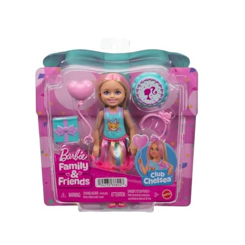 Image of Barbie Club Chelsea 6-Inch Birthday-Themed Small Doll with Pink-Streaked Blonde Hair, Colorful Dress & 4 Party Accessories, JJB37
