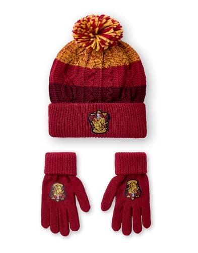 Image of Harry Potter Kids Beanie Hat & Gloves Set | Unisex Red & Yellow Knitted Winter Hat with Gryffindor Crest | One Size Pom Pom Beanie with Cold Weather Gloves for Boys & Girls | Wizard Movie Merchandise