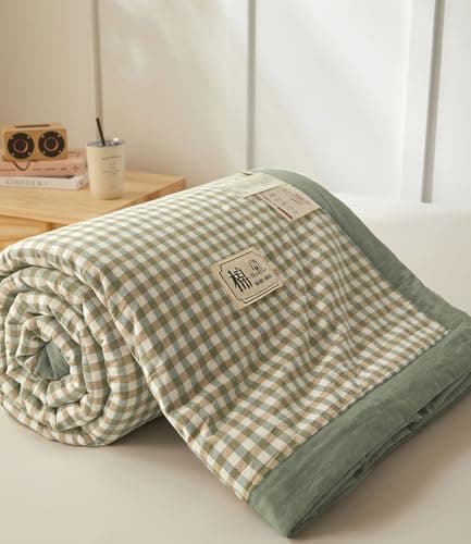 Image of DOTBUY-SHOP Cotton Quilted Bedspreads, Check Quilt Bed Throws Cotton Filling Duvet Super King Single Double Size Children's Bed Quilted Throw for All Season (Light Green,150x200cm)