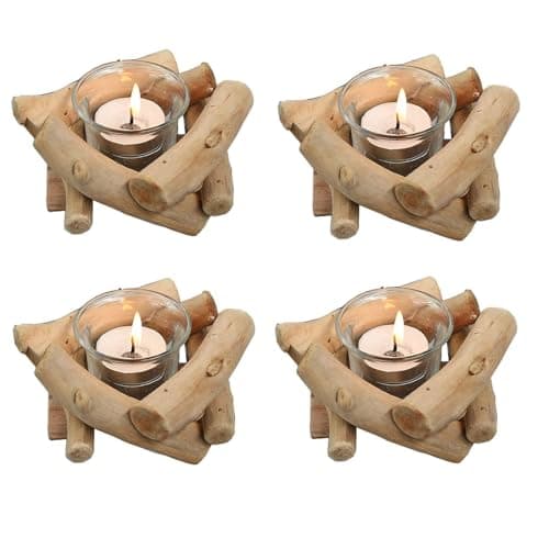 Image of Sziqiqi Rustic Wood Votive Tealight Holder for Wedding Centrepieces, 4Pcs Driftwood Tea Light Candle Holders with Glass Cup for Farmhouse Living Room Coffee Table Home Decorations