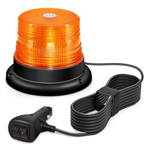 Image of Amber LED Warning Beacon Light 60 LED Flashing Strobe Safety Light with 10 Flash Modes, Magnetic Base, 3 Metre Cable for Truck, Tractor, Van, Recovery and Agricultural Vehicles