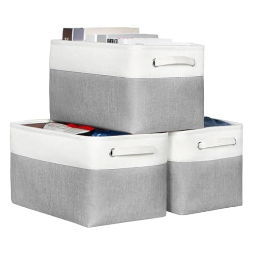 Image of KEEGH Fabric Storage Baskets Set of 3, 15in Boxes for Shelves, Foldable With Hard Bottom, Fabric Basket With Handle for Home and Office - White/Grey