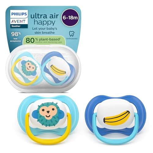 Image of Philips Avent Ultra Air Soothers - Orthodontic Design, for Babies 6-18 Months, Soft Silicone Symmetrical Teat, BPA-Free, with Sterilizing Case, 2 Pack, SCF080/26