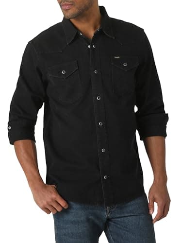 Image of Wrangler Men's Iconic Regular Fit Snap Shirt Button, Black Denim, Medium