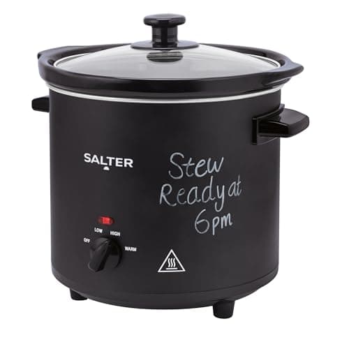 Image of Salter 3.5L Chalkboard Slow Cooker – 3 Heat Settings, Dishwasher Safe Ceramic Pot, Keep Warm Function, Tempered Glass Lid, Cool Touch Handles, Family Sized Electric Cooker, Batch Cooking, EK6262
