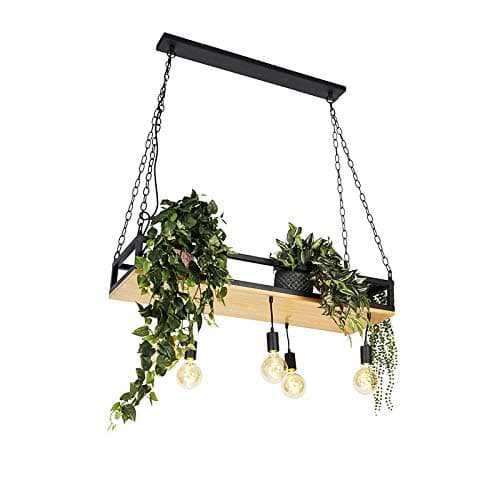 Image of Qazqa - Industrial Dining Room I Dining Table Pendant Lamp I Pendant Light Ceiling Black with Wood 5-Light - Shelf- - Industrial - Suitable for LED E27 | 5 Light - Wood Pendant Light - Suitable for