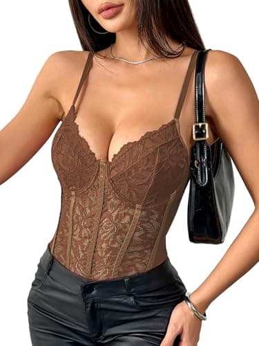 Image of Lilosy Sexy Corset Top Floral Lace Mesh Sheer Lingerie Bodysuit Bustier Cami Outfits, Brown, Medium