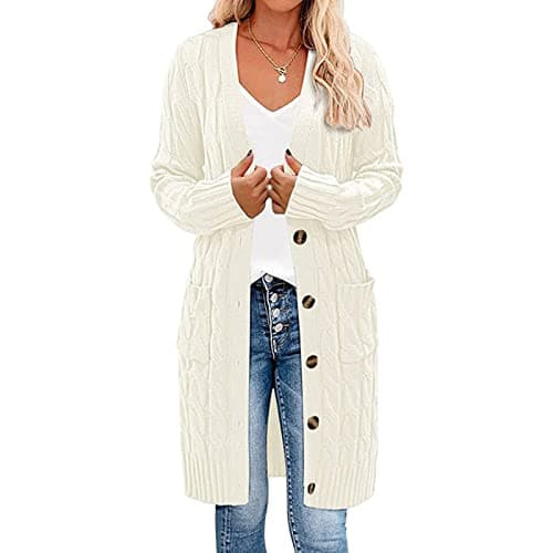 Image of Earnmore Womens Long Sleeve Cable Knit Long Cardigan Open Front Button Sweater Outerwear, White, M