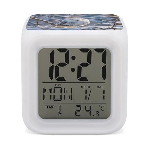 Image of FekiLoot Winter White Owl Alarm Clock Sound Machine with 7 Color Changing Night Light Wake Up Digital Clock Large LED Display Number Alarm Clocks Home Office Bedroom Decor