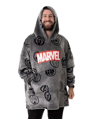 Image of Marvel Avengers Mens Wearable Blanket Hoodie | Grey Pullover with Avengers All Over Print Graphic Icons | Adults One Size Sherpa Lined Hooded Loungewear | Superhero Comic Book Movie Merchandise Gift