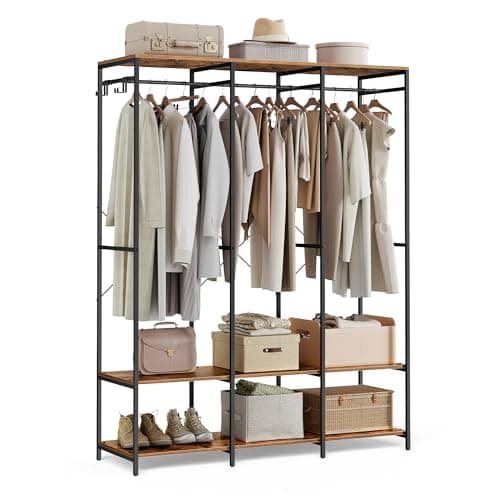Image of SONGMICS Portable Clothes Wardrobe, Foldable Closet, Clothes Rack Freestanding, Closet Organiser, with Hanging Rods, Storage Shelves, Removable Hooks, 40 x 141 x 180 cm, Rustic Brown RGR005B01