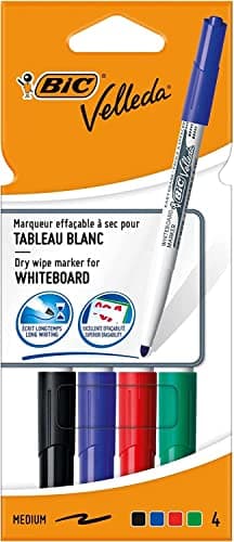 Image of BIC Velleda 1741 Whiteboard Markers, Medium Bullet Nib Pens - Durable Plastic Wallet - Assorted Colours, Pack of 4,packaging may vary