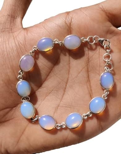 Image of Opalite Bracelet For Women and Girls Milky White Color With blue Flash Gemstone Bracelet 925 Sterling Silver Handmade Link Chain All Type Of Clasp Bracelet Gift for Her Jewelry