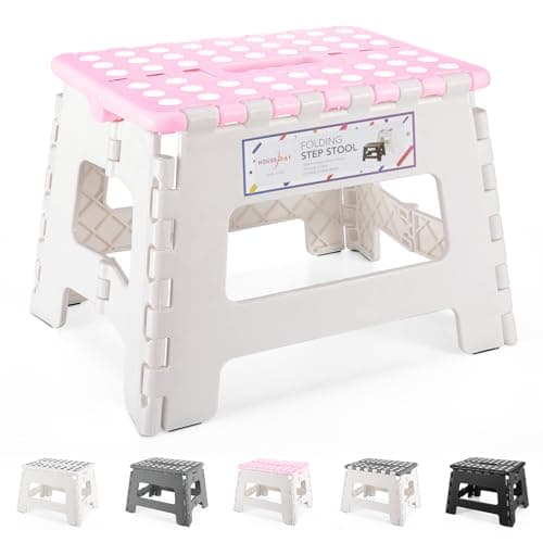 Image of HOUSE DAY Folding Step Stool 9 Inch, Sturdy Foldable Stool with Carry Handle, Collapsible Step with Non-Slip Surface for Kids And Adults, Portable Design for Kitchen, Bathroom, Camping-Pink & Grey