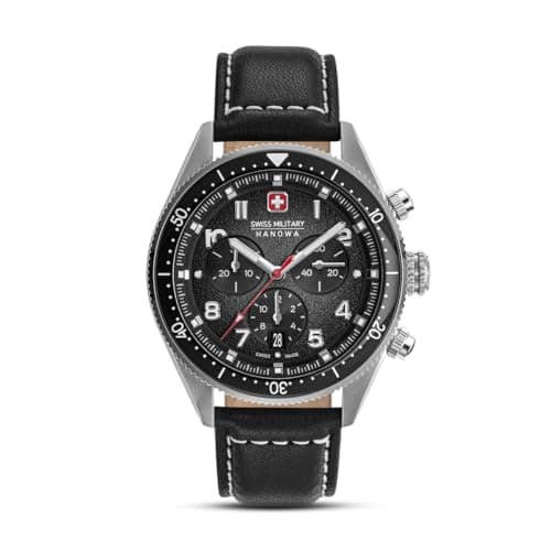 Image of Swiss Military Hanowa Greyhound Chrono Men's Watch Diameter 43 mm with Leather Strap and Sapphire Glass, Silver, OneSize, Strap.