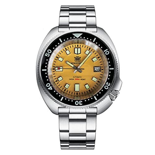 Image of STEELDIVE SD1974 Yellow Dial Black Ceramic Bezel Diving Watches Luminous NH35 Automatic 200m Stainless Steel Sports Watch, steel strap