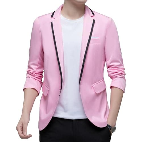 Image of Men's Lightweight Blazer Jackets Casual Slim Fit Sport Coats 1 Button Suit Jacket for Business Wedding Prom (Pink,2XL)