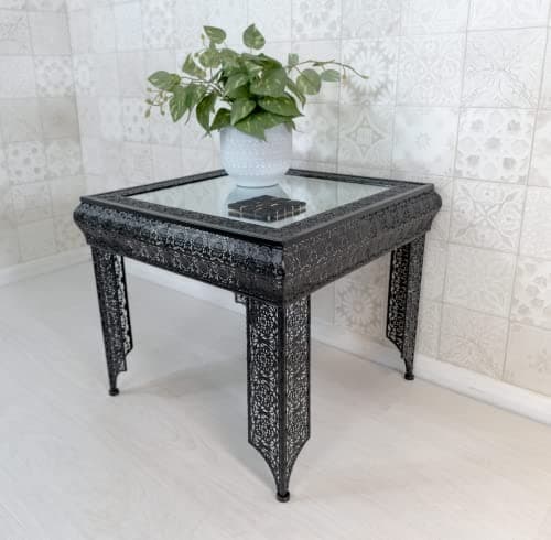 Image of DOWNTON INTERIORS Black Moroccan Embossed Metal Mirrored Glass Side End Table (GZ438) Part of the AGADIR Collection