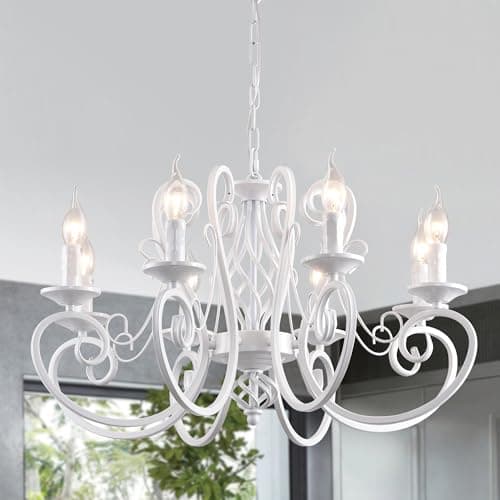 Image of Ganeed French Country Chandeliers Kitchen Island Candle Iron Chandelier Industrial Vintage Pendant Light Fixture for Farmhouse Dining Room Bedroom Foyer White 8 Lights