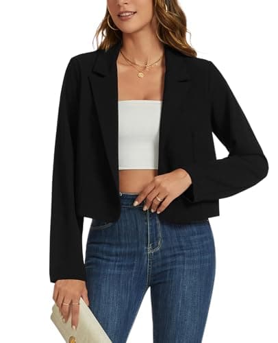 Image of MINTLIMIT Women's Cropped Blazer Long Sleeve Notched Lapel Short Blazers Casual Open Front Crop Blazer Jacket, Black