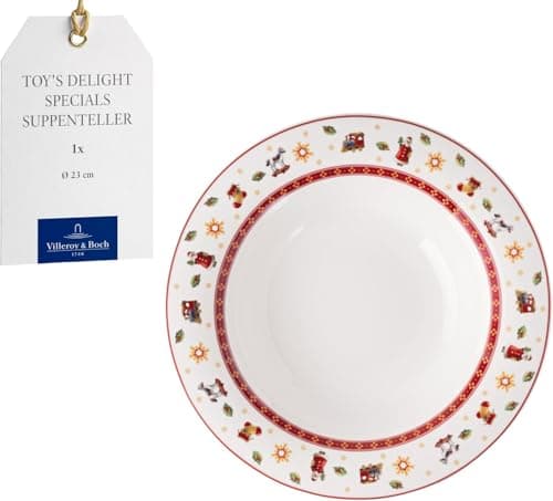 Image of Villeroy & Boch Toy's Delight Specials Soup Plate - Deep Dish for Soups, Salads and Pasta - Christmas Tableware, 23 cm Ø, Porcelain, Dishwasher and Microwave-Safe, White/Red