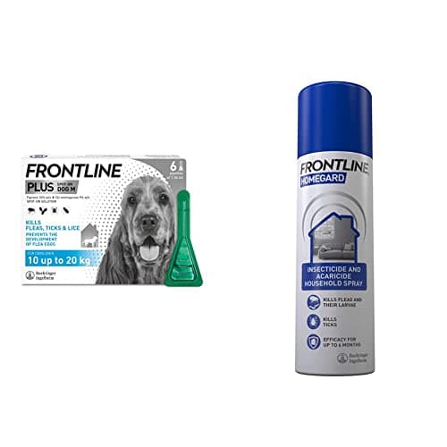 Image of FRONTLINE Plus Flea & Tick Treatment for Medium Dogs (10-20 kg) - 6 Pipettes & HomeGard Flea & Tick Household Spray - 500 ml