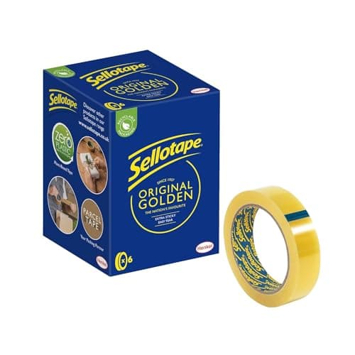 Image of Sellotape Original Golden, Multi-Purpose Clear Tape for Household Objects, Clear Packing Tape for Sticking Envelopes or Cards, Easy to Use Packaging Tape, 24mm x 66m, Pack of 6