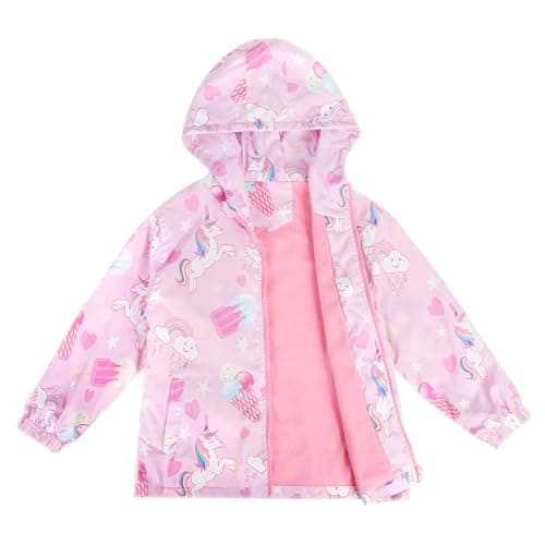 Image of LACOFIA Girl's Waterproof Jacket with Fleece Lined Kid's Windbreaker School Hooded Coat Children Outdoor Raincoat for Autumn/Early Winter Pink 5-6 Years