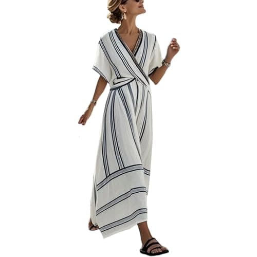 Image of Summer Dress for Women UK Striped Shirts Dresses Boho Beach Maxi Dresses V Neck Half Sleeve Oversized Tunic Baggy Casual Long Dress Floaty Summer 3/4 Sleeve Sundress for Office Work