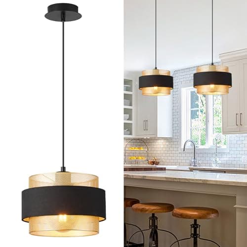 Image of HARPER LIVING Modern Pendant Ceiling Light, Black Fabric & Gold Mesh Metal Shade, 122cm Height Adjustable Hanging Light, 40W E27 Ceiling Lamp for Living Room, Bedroom, Kitchen Island