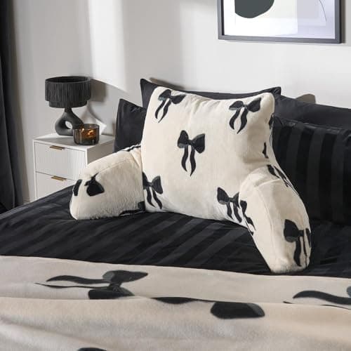 Image of OHS Bow Print Cuddle Cushion, Bow Gifts for Women Reading Pillow Soft Fleece Back Support Cushion with Arms Gaming Bed Cushions Sit Up in Bed Pillow, Monochrome - 65 x 40cm
