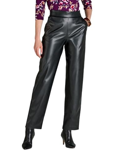 Image of Amber Ladies Faux Leather Pull-On Trousers, Soft Leather Look with Elasticated Waist & Slant Pockets | Chic Wardrobe Essential Black 14 Short